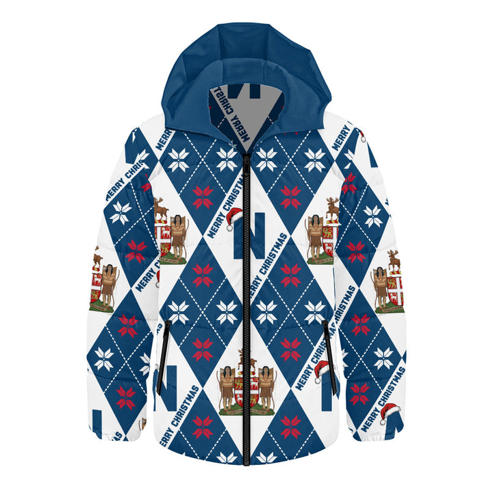 Newfoundland & Labrador Hooded Padded Jacket Christmas Argyle Pattern With Royal Crest