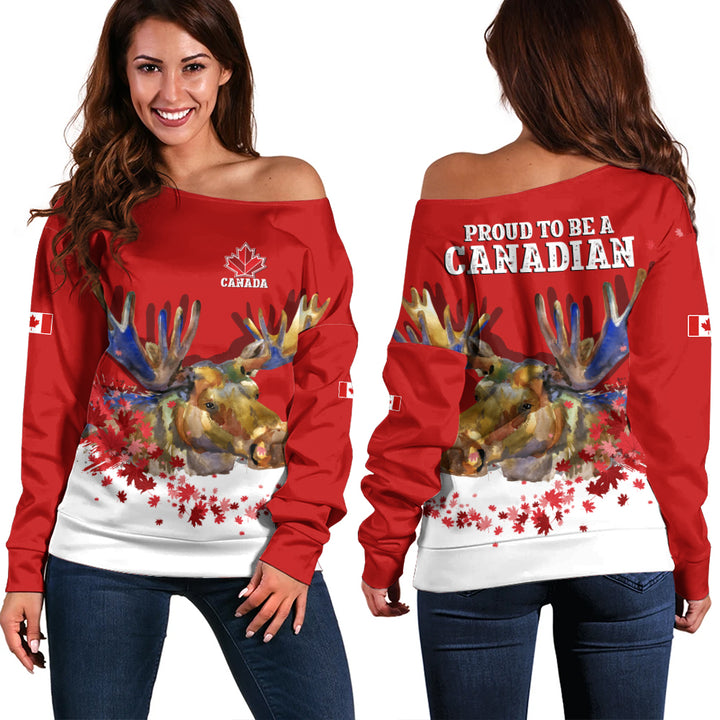 Canada Off Shoulder Sweatshirt Majestic Moose Canada Maple Spirit Edition