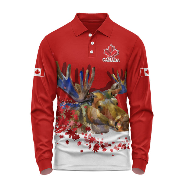 Canada Long Sleeve Polo Shirt Majestic Moose Canada Maple Spirit Edition