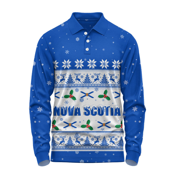 Nova Scotia Long Sleeve Polo Shirt Christmas Knit Style Snowflake Reindeer