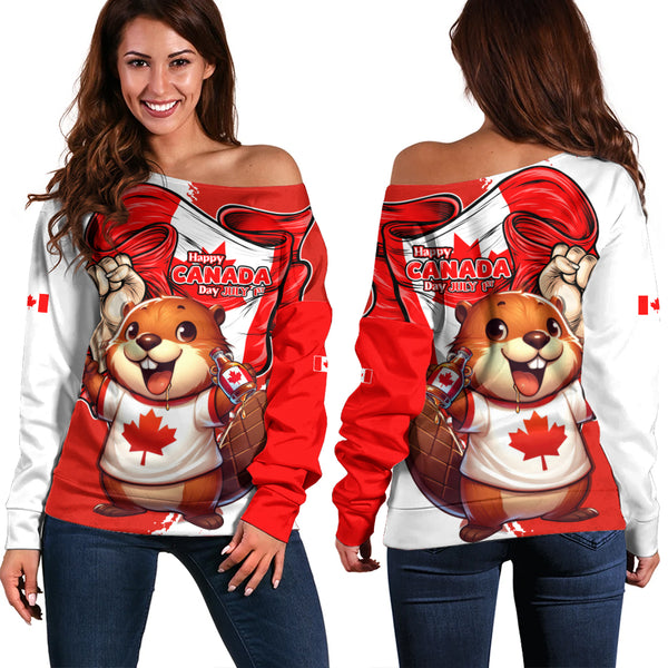 Canada Off Shoulder Sweatshirt True North Cheer Canada Day Beaver Edition