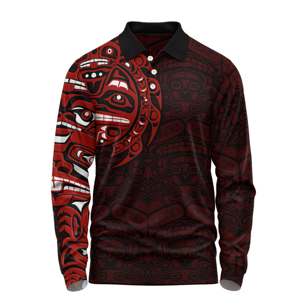 Canada Long Sleeve Polo Shirt Red Wisdom Haida Edition