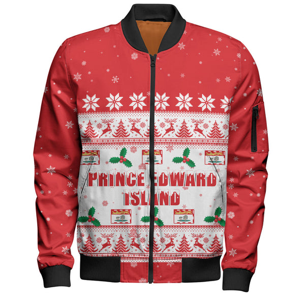 Prince Edward Island Bomber Jacket Christmas Knit Style Snowflake Reindeer