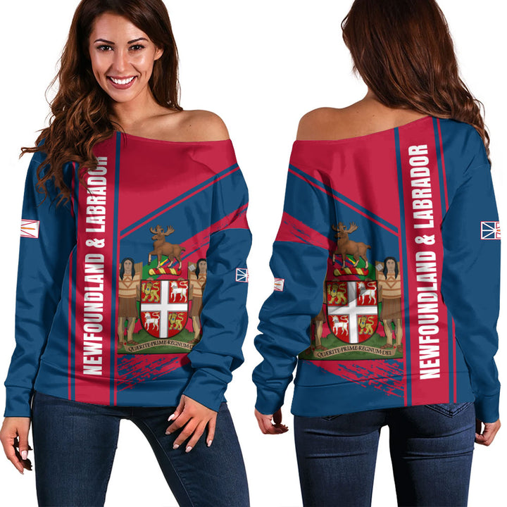 Newfoundland & Labrador Off Shoulder Sweatshirt Heritage Strength Crest