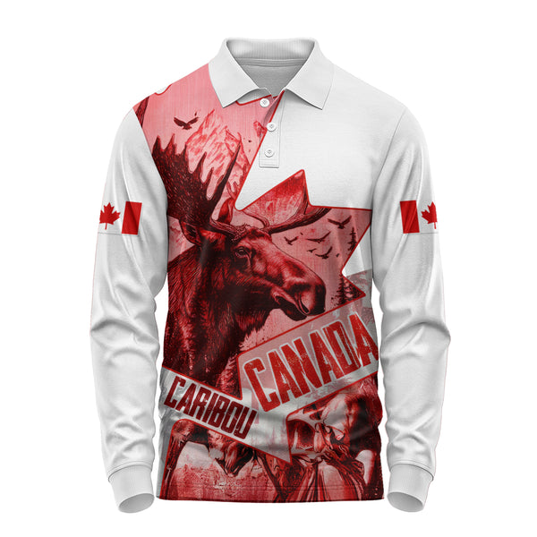 Canada Long Sleeve Polo Shirt The Red Wild Caribou Heritage