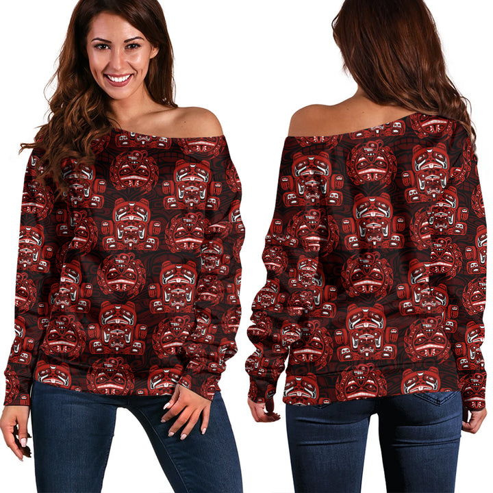 Canada Off Shoulder Sweatshirt Haida Spirit Face Totem Repeat Print