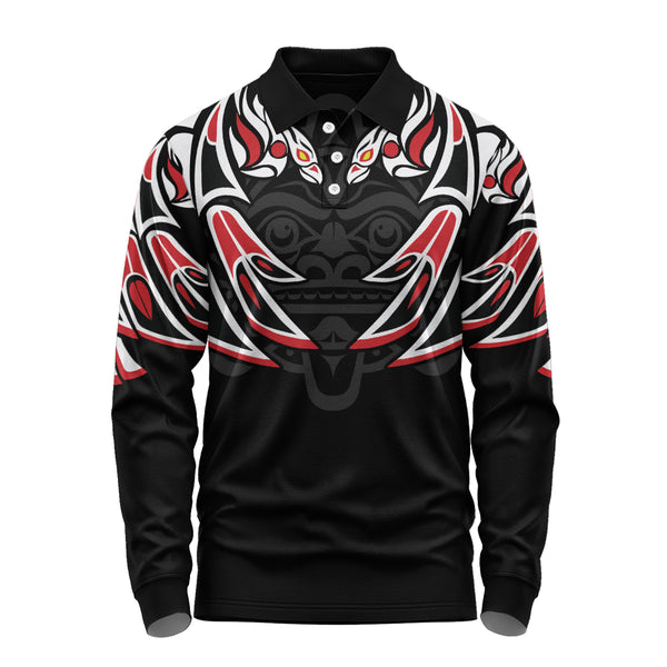 Canada Long Sleeve Polo Shirt Tribal Guardian Spirit Haida Style