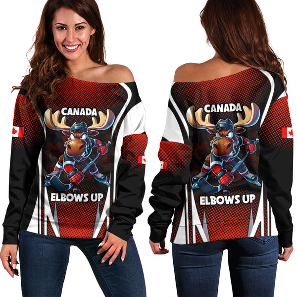 Canada Off Shoulder Sweatshirt Fight Ready Moose Canada Hockey Attitude