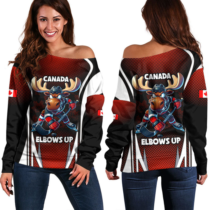 Canada Off Shoulder Sweatshirt Fight Ready Moose Canada Hockey Attitude