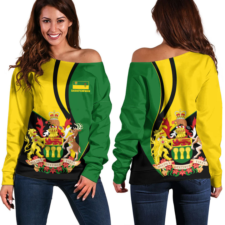 Saskatchewan Off Shoulder Sweatshirt Heritage Pride Of The North