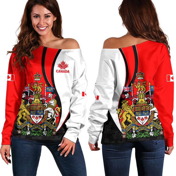 Canada Off Shoulder Sweatshirt Maple Crown Crest With National Pride