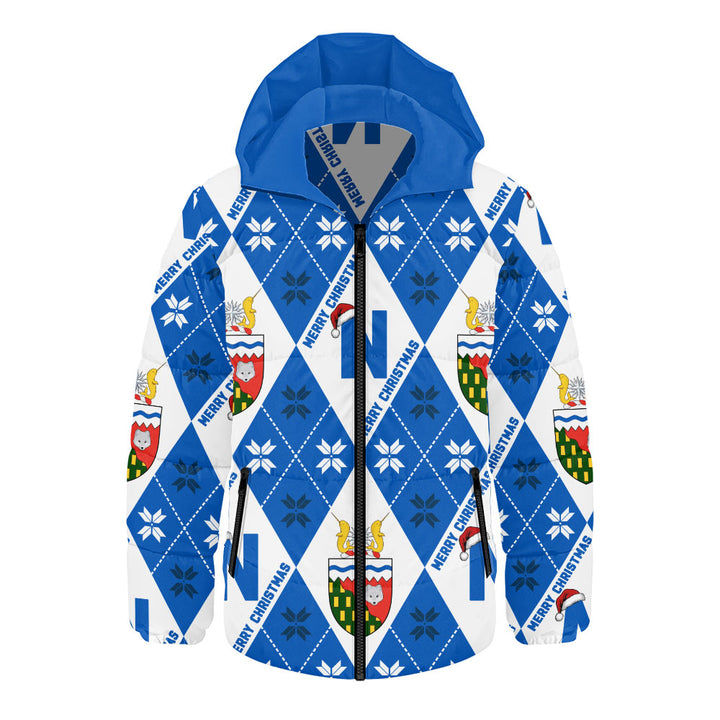 Northwest Territories Hooded Padded Jacket Christmas Argyle Pattern With Royal Crest