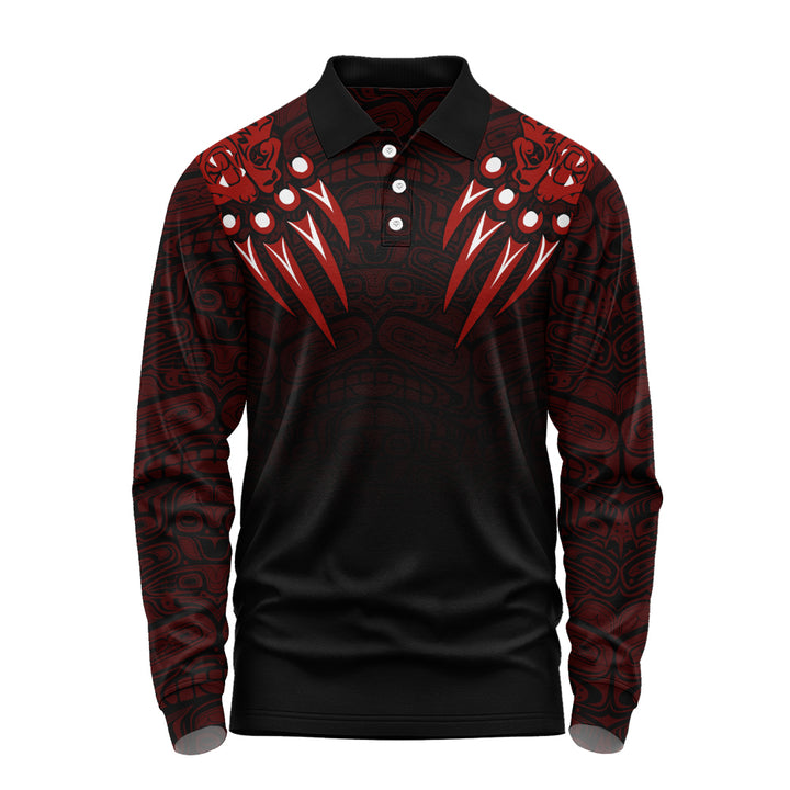 Canada Long Sleeve Polo Shirt Haida Hunter Spirit