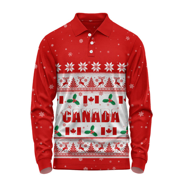 Canada Long Sleeve Polo Shirt Christmas Knit Style Snowflake Reindeer