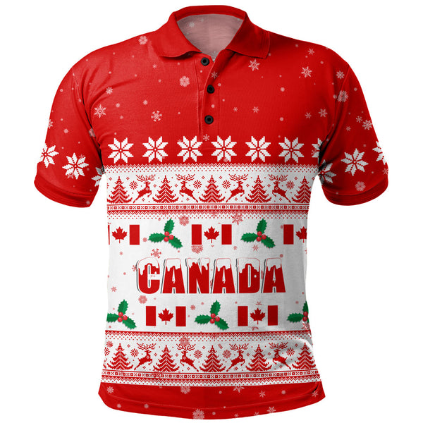 Canada Polo Shirt Christmas Knit Style Snowflake Reindeer