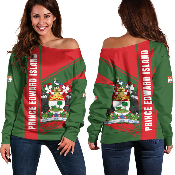 Prince Edward Island Off Shoulder Sweatshirt Heritage Strength Crest