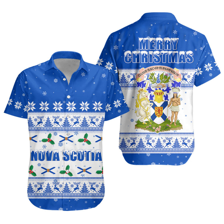 Nova Scotia Short Sleeve Shirt Christmas Knit Style Snowflake Reindeer