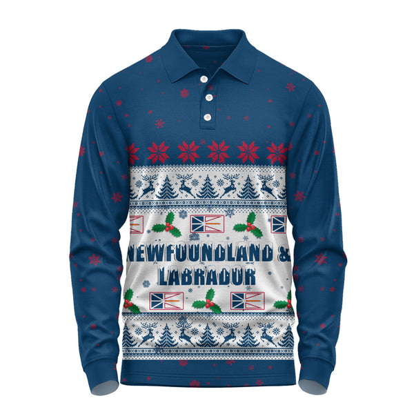 Newfoundland & Labrador Long Sleeve Polo Shirt Christmas Knit Style Snowflake Reindeer