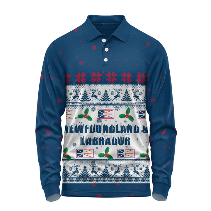 Newfoundland & Labrador Long Sleeve Polo Shirt Christmas Knit Style Snowflake Reindeer