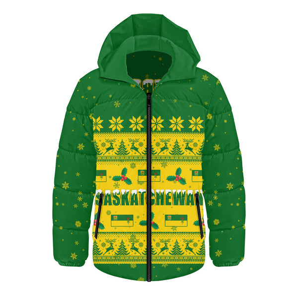 Saskatchewan Hooded Padded Jacket Christmas Knit Style Snowflake Reindeer