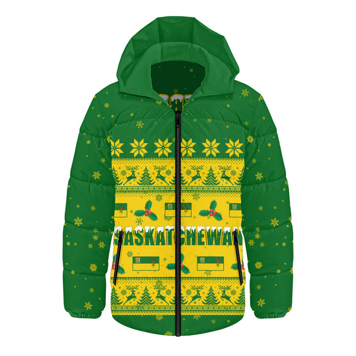 Saskatchewan Hooded Padded Jacket Christmas Knit Style Snowflake Reindeer