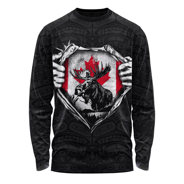 Canada Long Sleeve T-Shirt Haida Maple Flag Moose Legacy