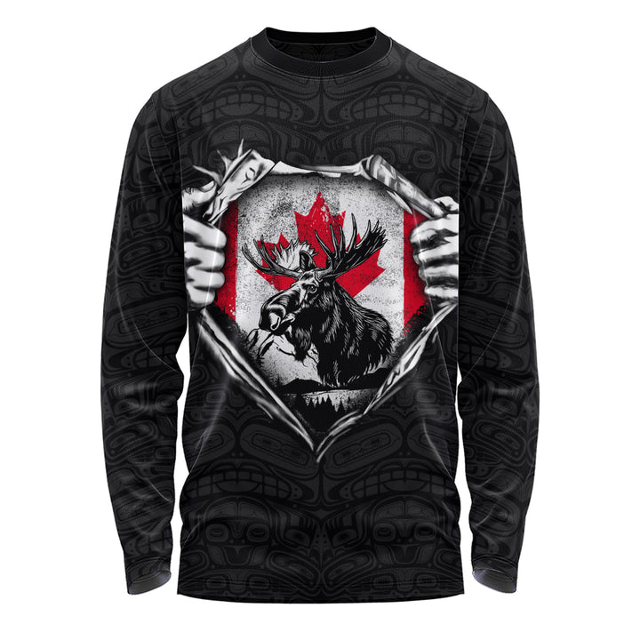 Canada Long Sleeve T-Shirt Haida Maple Flag Moose Legacy