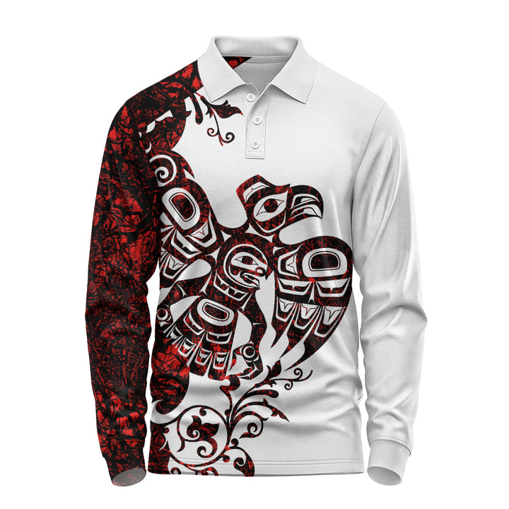 Canada Long Sleeve Polo Shirt Red Sky Flight Haida Edition