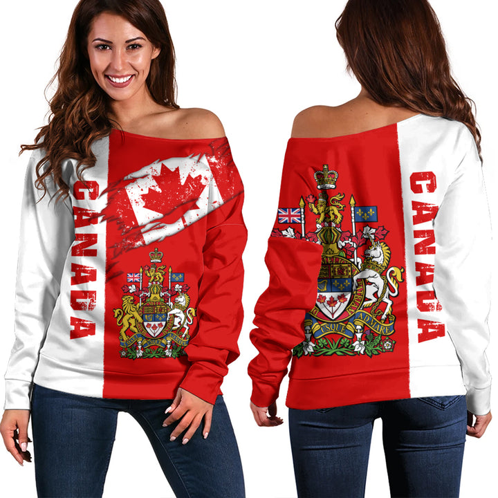 Canada Off Shoulder Sweatshirt Clawed Flag True North Strong