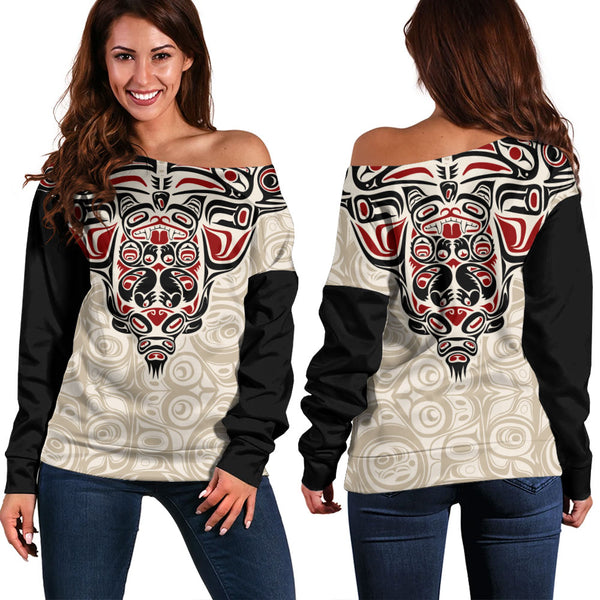 Canada Off Shoulder Sweatshirt Haida Thunderbird Tribal Spirit Design