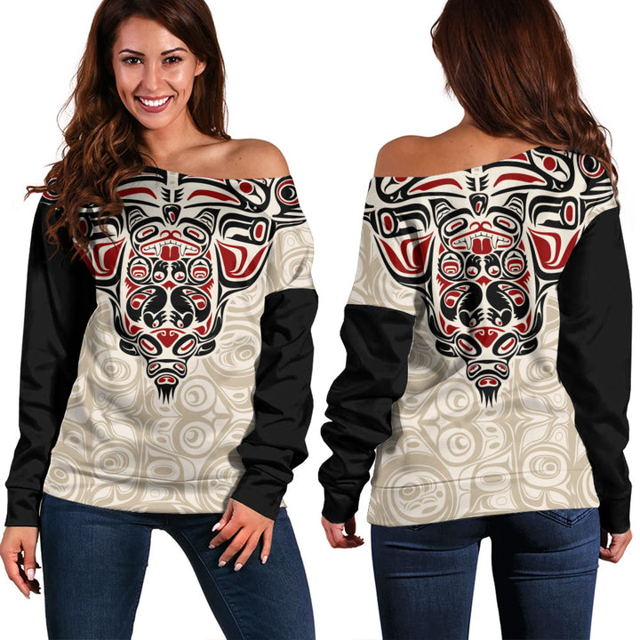 Canada Off Shoulder Sweatshirt Haida Thunderbird Tribal Spirit Design