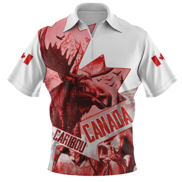 Canada Zip Polo Shirt The Red Wild Caribou Heritage