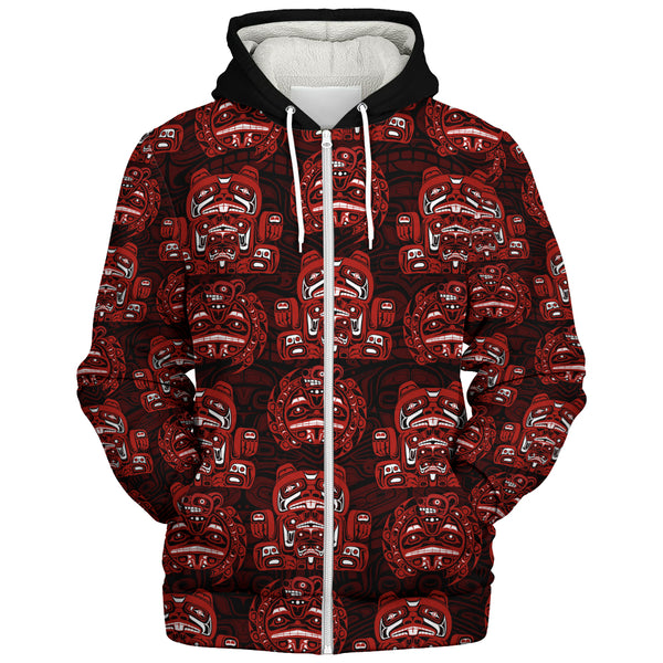 Canada Sherpa Hoodie Haida Spirit Face Totem Repeat Print
