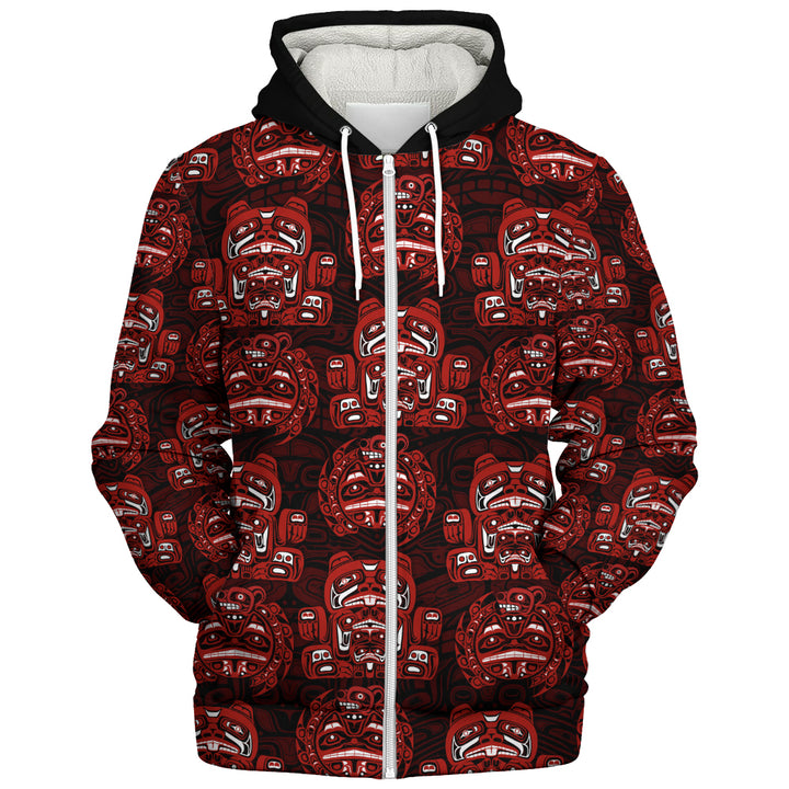 Canada Sherpa Hoodie Haida Spirit Face Totem Repeat Print