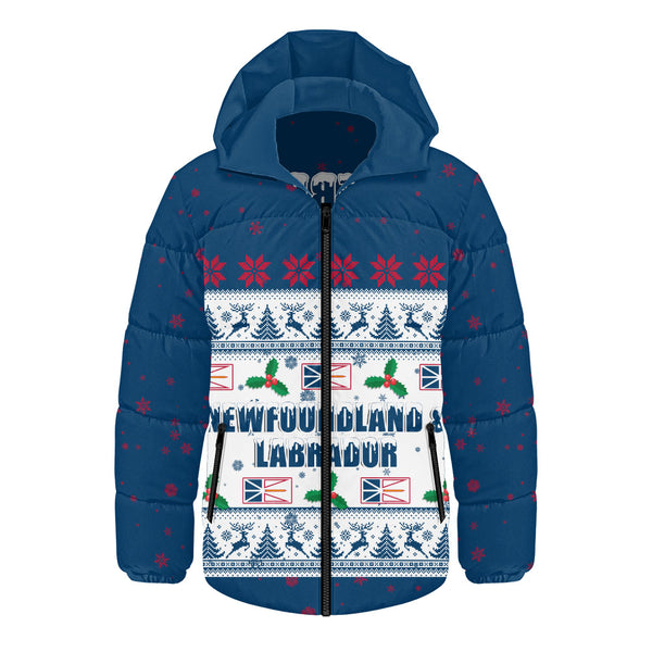 Newfoundland & Labrador Hooded Padded Jacket Christmas Knit Style Snowflake Reindeer