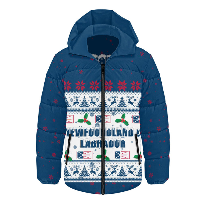 Newfoundland & Labrador Hooded Padded Jacket Christmas Knit Style Snowflake Reindeer