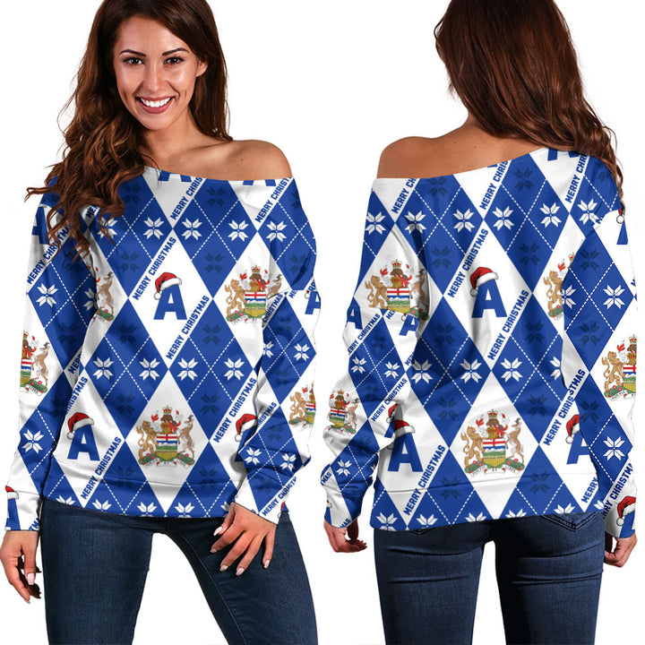 Alberta Off Shoulder Sweatshirt Christmas Argyle Pattern With Royal Crest