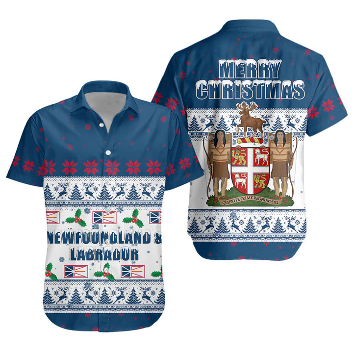 Newfoundland & Labrador Short Sleeve Shirt Christmas Knit Style Snowflake Reindeer