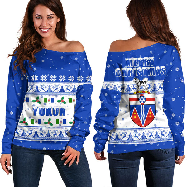 Yukon Off Shoulder Sweatshirt Christmas Knit Style Snowflake Reindeer
