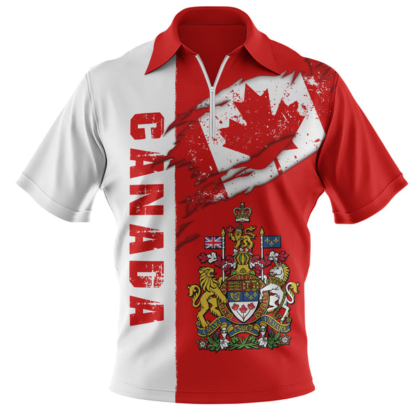 Canada Zip Polo Shirt Clawed Flag True North Strong
