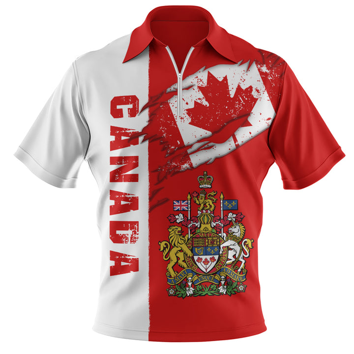 Canada Zip Polo Shirt Clawed Flag True North Strong