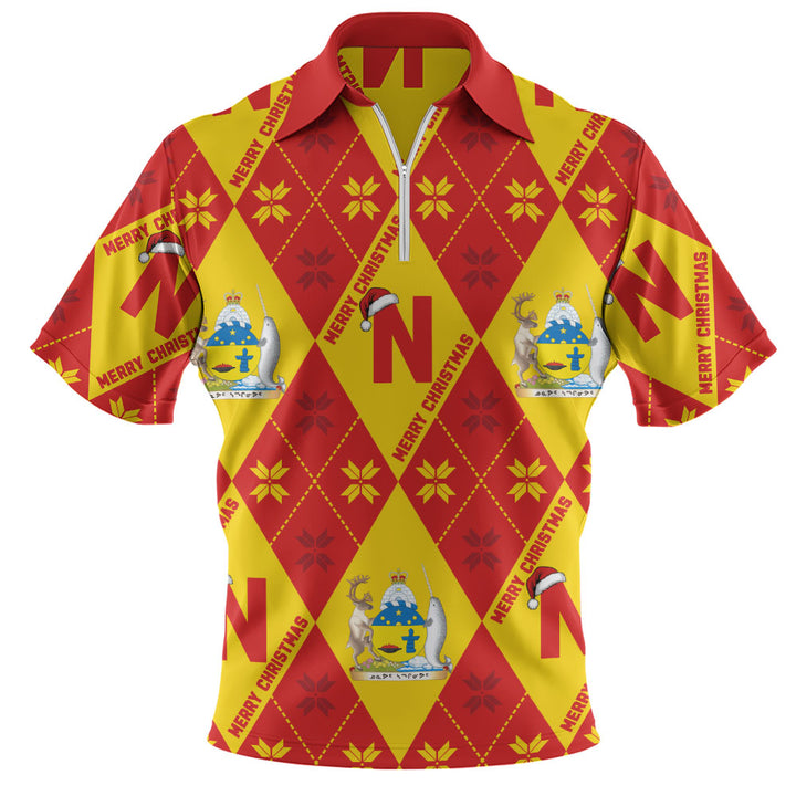 Nunavut Zip Polo Shirt Christmas Argyle Pattern With Royal Crest