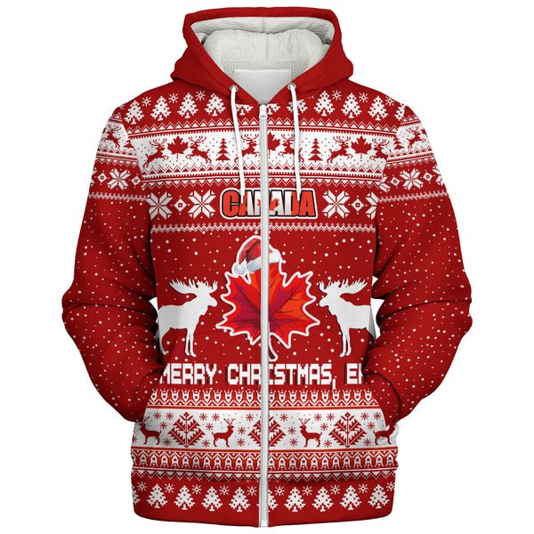 Canada Sherpa Hoodie Maple Leaf Merry Christmas Eh