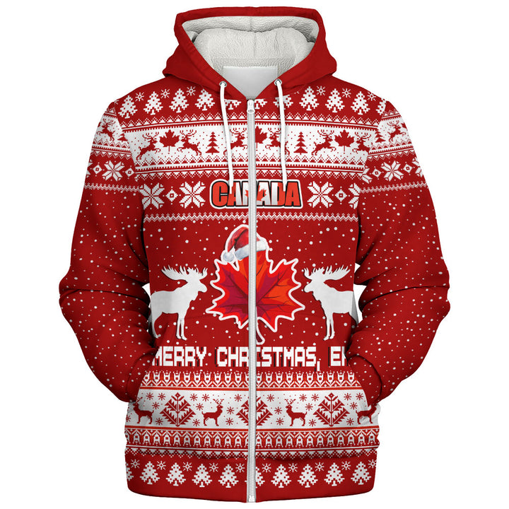 Canada Sherpa Hoodie Maple Leaf Merry Christmas Eh