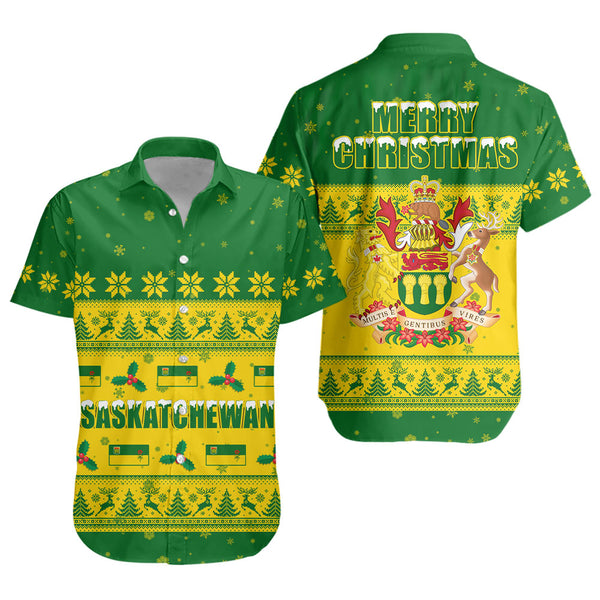 Saskatchewan Short Sleeve Shirt Christmas Knit Style Snowflake Reindeer