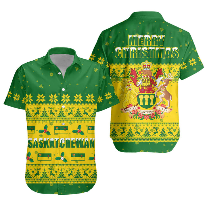 Saskatchewan Short Sleeve Shirt Christmas Knit Style Snowflake Reindeer