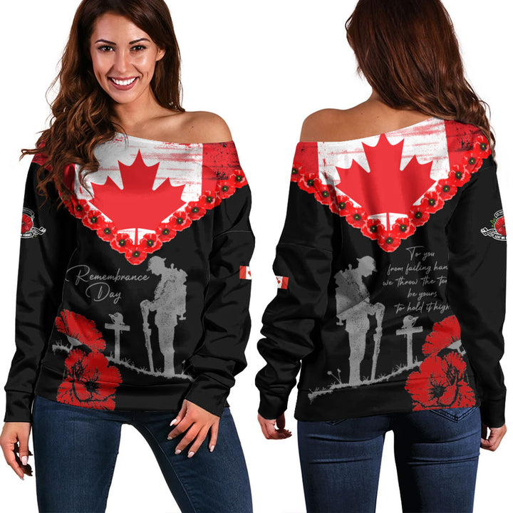 Canada Off Shoulder Sweatshirt Remembrance Day Maple Poppy Honor