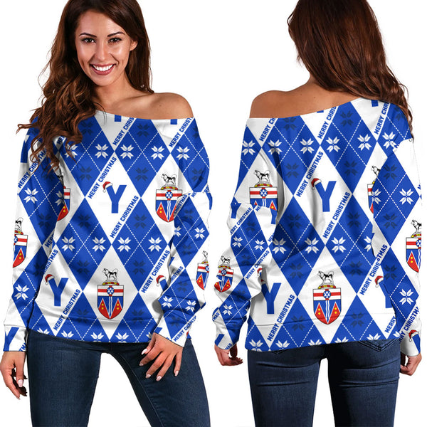 Yukon Off Shoulder Sweatshirt Christmas Argyle Pattern With Royal Crest