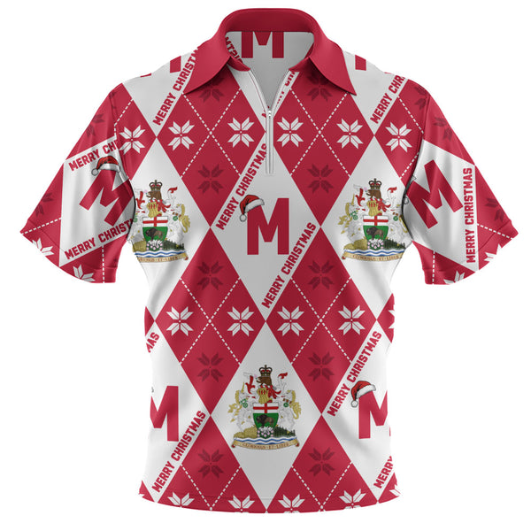Manitoba Zip Polo Shirt Christmas Argyle Pattern With Royal Crest