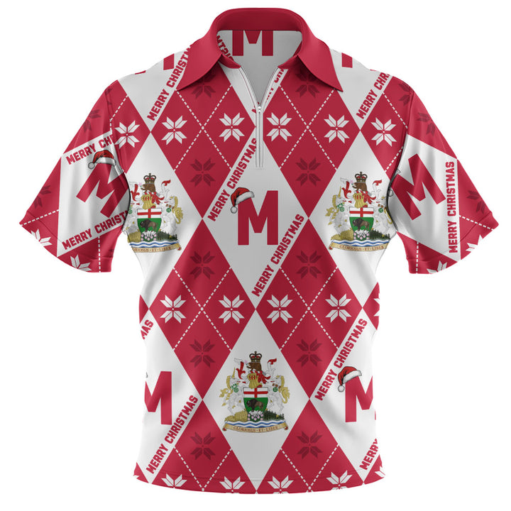 Manitoba Zip Polo Shirt Christmas Argyle Pattern With Royal Crest